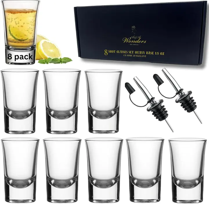 1.5 oz Shot Glasses Set of 8 — Weighted Base with Pourers & Coasters