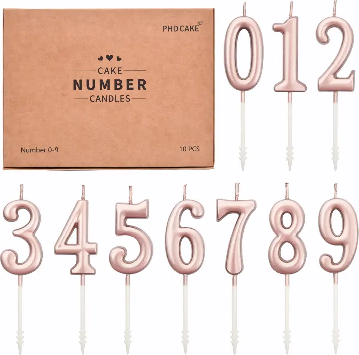 10-Piece Rose Gold Number Birthday Candles — Glitter Numerals 0-9