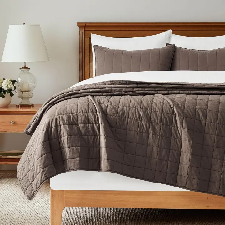 100% Cotton Box-Stitch Quilt Set — Queen, Cocoa Brown, Garment-Washed