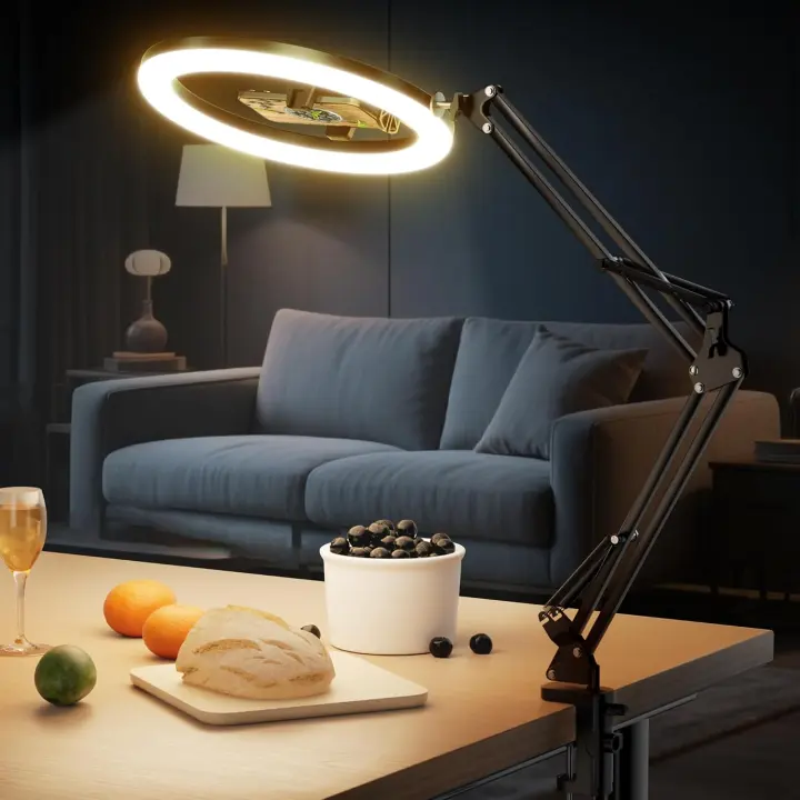 12-Inch LED Ring Light with Overhead Phone Mount and Desk Clamp