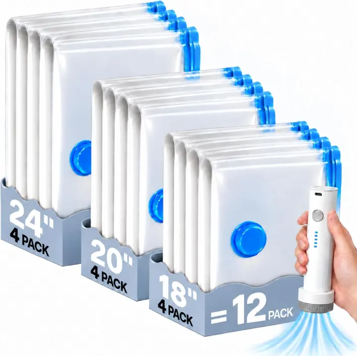 12-Pack Travel Vacuum Storage Bags with Cordless Rechargeable Pump