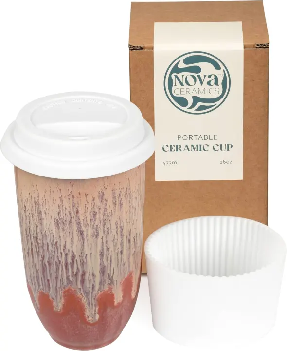 16 oz Ceramic Travel Coffee Cup with Silicone Lid & Sleeve