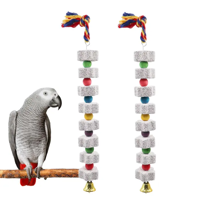 2-Pack Mineral Beak Grinding Blocks with Beads & Bell for Small-Medium Birds