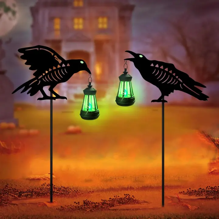 2-Pack Solar Metal Crow Yard Stakes with Green LED Halloween Lights