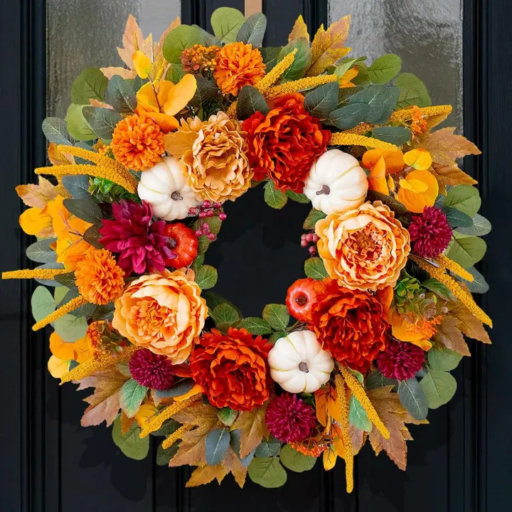 24-Inch Fall Door Wreath with Orange Peony & Burgundy Dahlias
