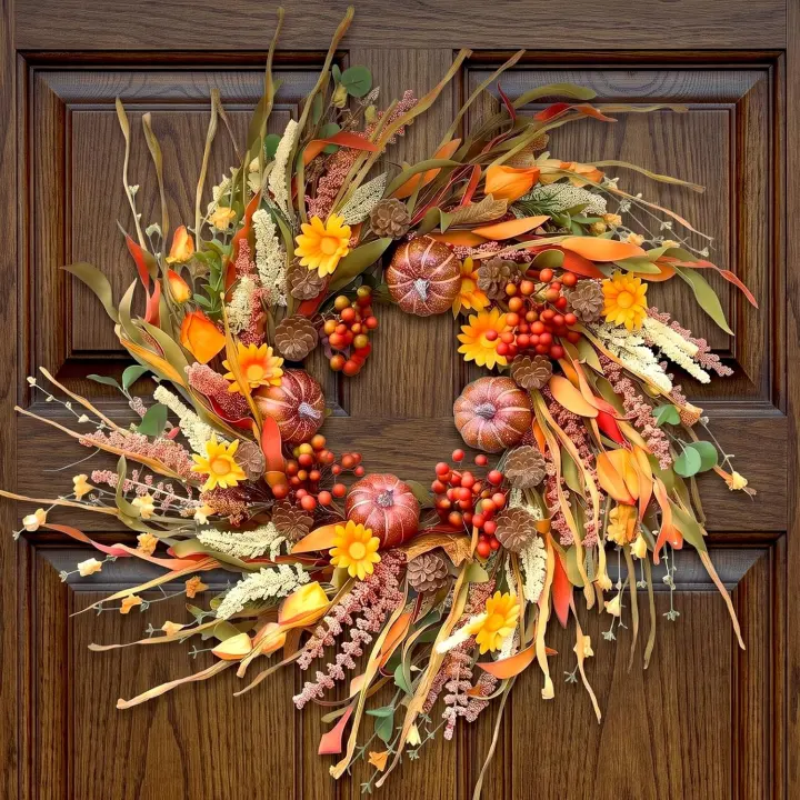 26-Inch Autumn Pumpkin Wreath with Pinecones & Lavender — Rustic Door Décor