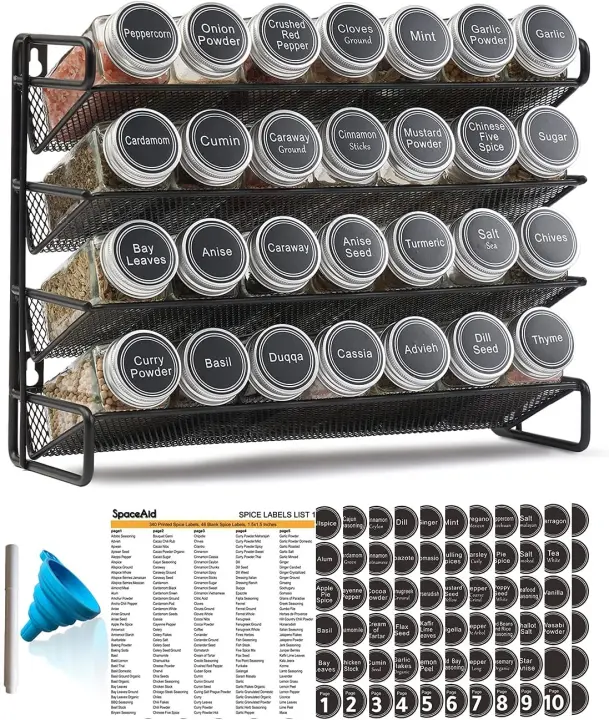 28-Jar 4-Tier Spice Rack Organizer with Labels, Chalk Pen & Funnel