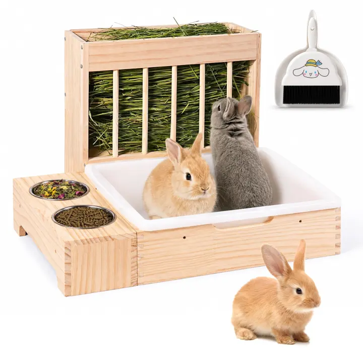 3-in-1 Wooden Rabbit Hay Feeder with Litter Box and Bowl Tray