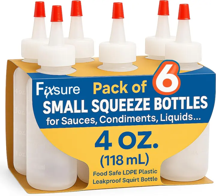 4 oz Plastic Squeeze Bottles — 6-Pack Boston-Round with Red Tip Caps