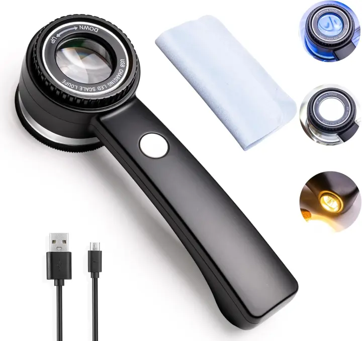 60X Handheld Loupe Magnifier with Rechargeable LEDs for Jewelry & Coins