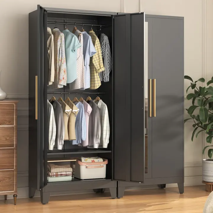 72" Tall Metal Wardrobe Cabinet with Mirrored Doors