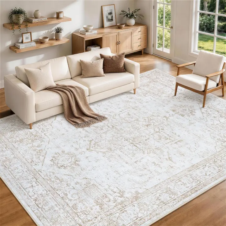 8x10 Washable Low-Pile Area Rug — Beige Vintage Medallion