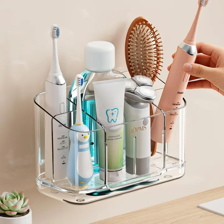 Adjustable 5-Slot Toothbrush & Toothpaste Holder with Drain Tray