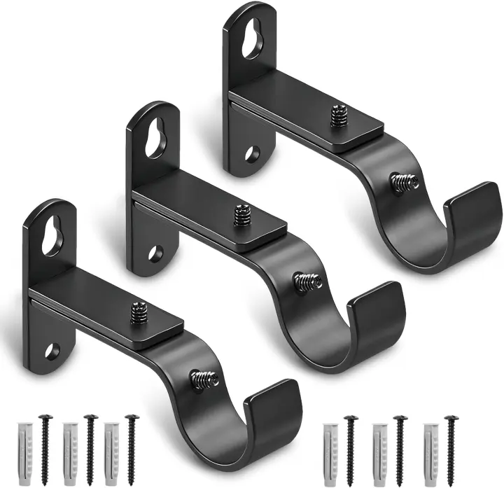 Adjustable Curtain Rod Brackets — 3-Pack, Black Metal for 1" Rods