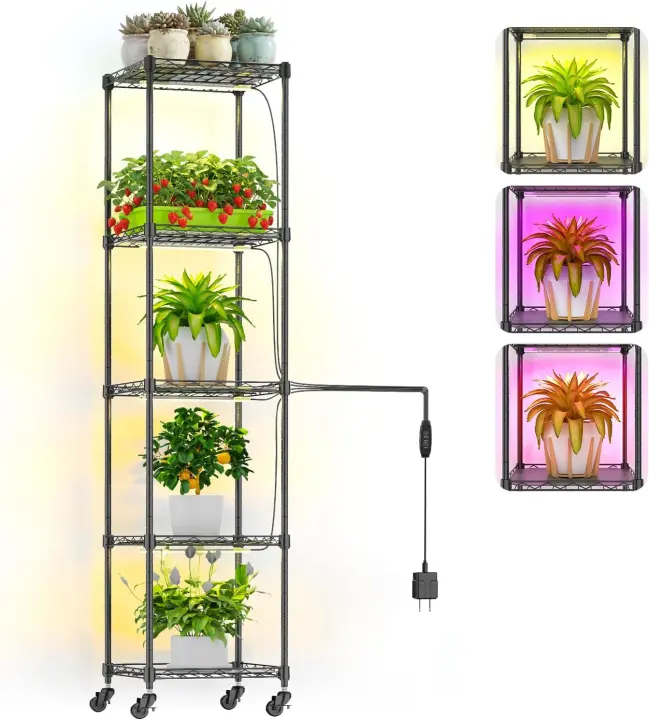 Adjustable Metal Plant Stand with LED Grow Lights — Holds 5 Pots