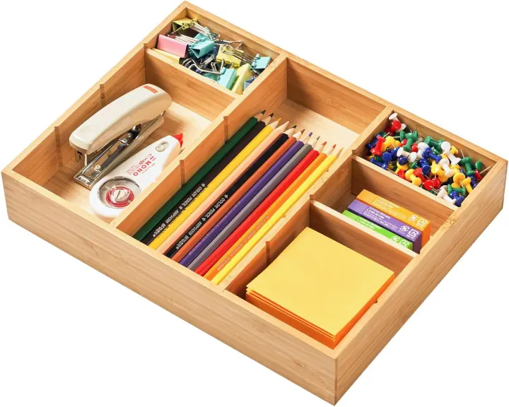 Bamboo Desk Drawer Organizer Tray with Adjustable Dividers
