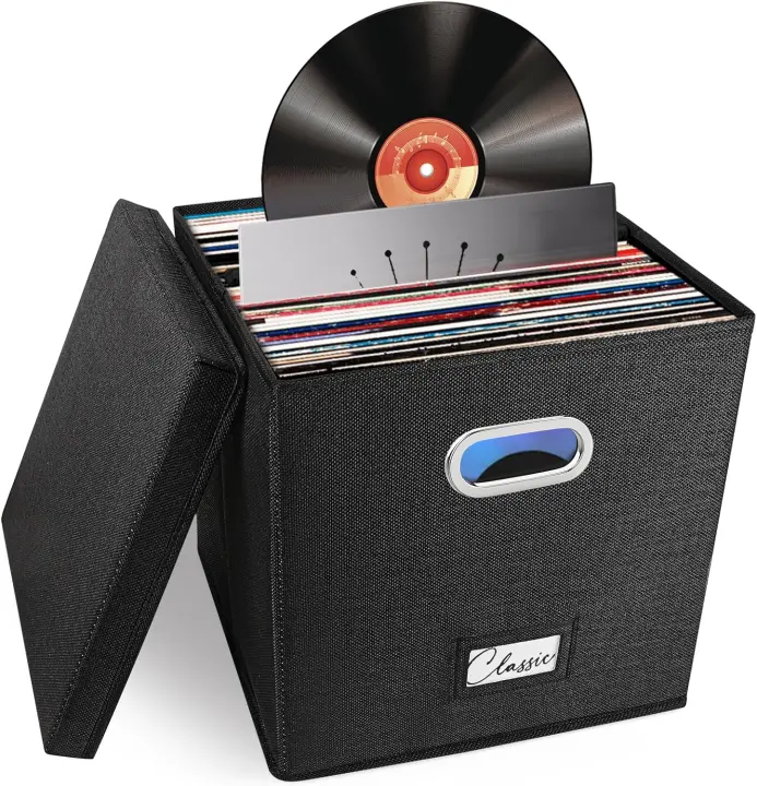 Black Linen Vinyl Record Storage Crate — Holds 50+ 12" LPs