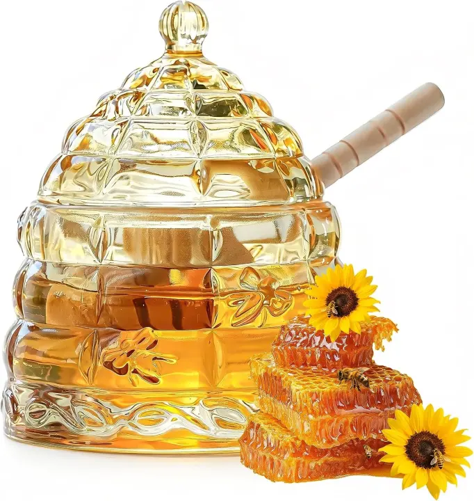 Champagne Beehive Glass Honey Jar with Wooden Dipper — 3.7 oz