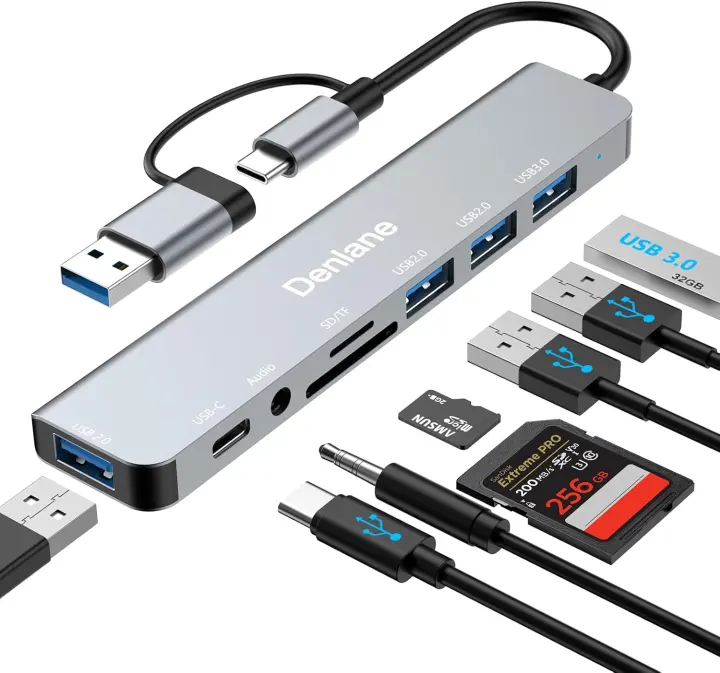 Denlane USB-C Multiport Hub — 8-in-2 USB Expansion Adapter