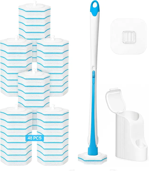 Disposable Toilet Brush & Holder Set — 48 Replaceable Cleaning Pads