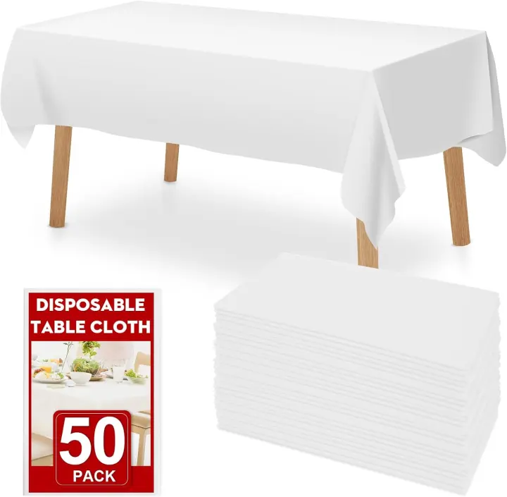 Disposable White Plastic Tablecloths — 50-Pack for Rectangular Tables