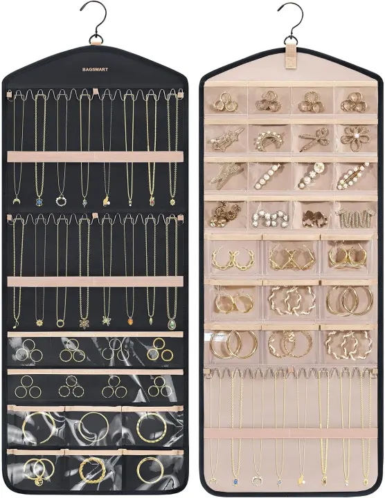 Double-Sided Hanging Jewelry Organizer with Rotating Metal Hooks