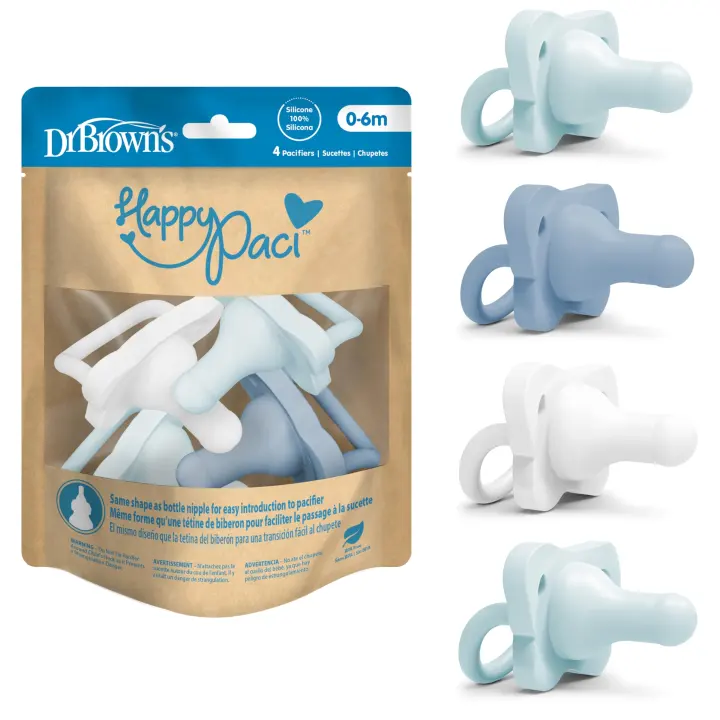 Dr. Brown's HappyPaci Silicone Pacifiers — 0–6 Months, 4-Pack (Blue/White)