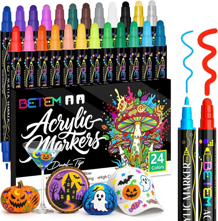 Dual-Tip Acrylic Paint Markers — 24 Vivid Colors for Fabric & Crafts