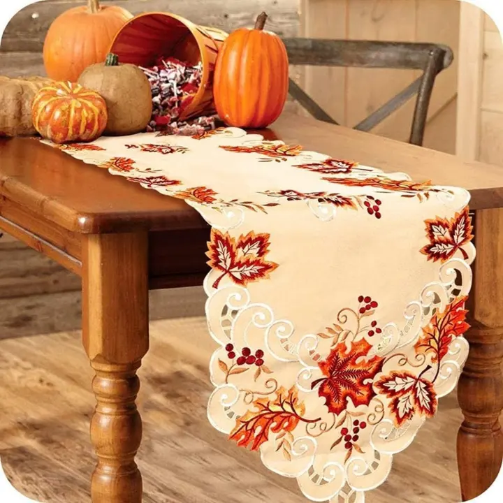 Embroidered Maple Leaf Fall Table Runner — 15 x 67 in