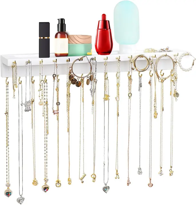 Extra-Large Wall Necklace Holder — 30-Hook Wooden Jewelry Organizer with Tray