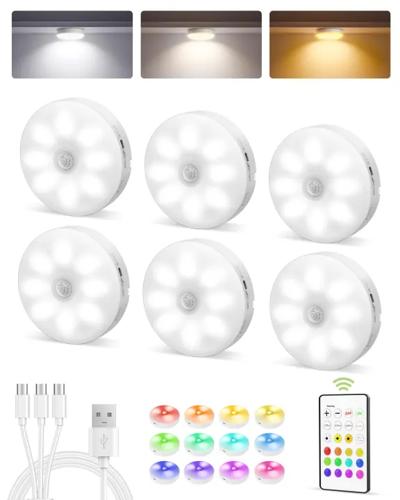 EZVALO Rechargeable RGB Under-Cabinet Puck Lights — 6-Pack, Remote