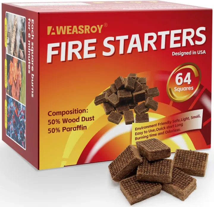 Fire Starter Squares (64-Pack) — Waterproof Fire Starters for Grill, Camp & Home