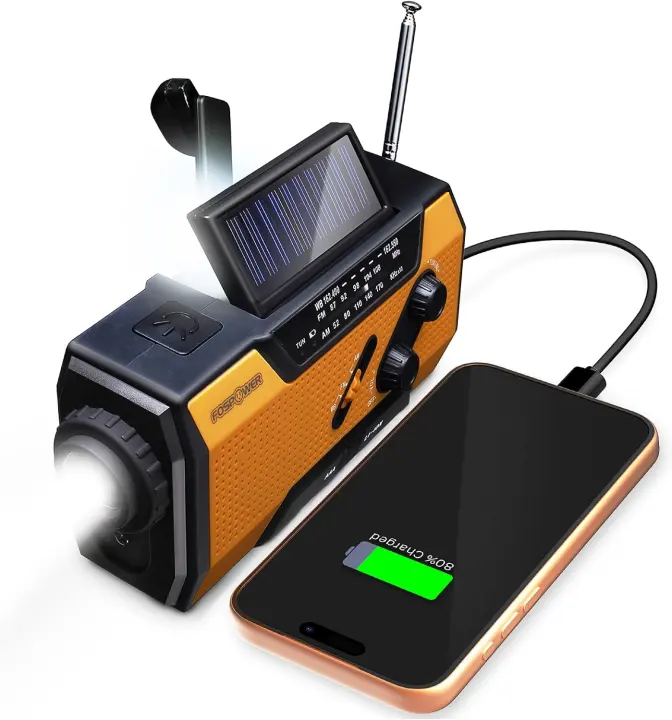 FosPower Emergency Weather Radio — Solar + Hand-Crank Power Bank