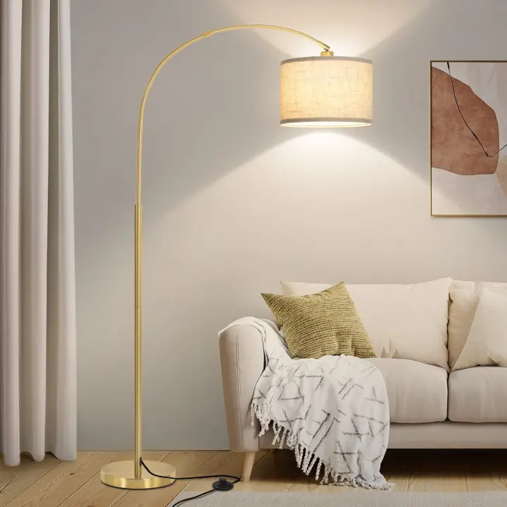 Gold Arched Floor Lamp with Adjustable Drum Shade — Tall Standing Lamp