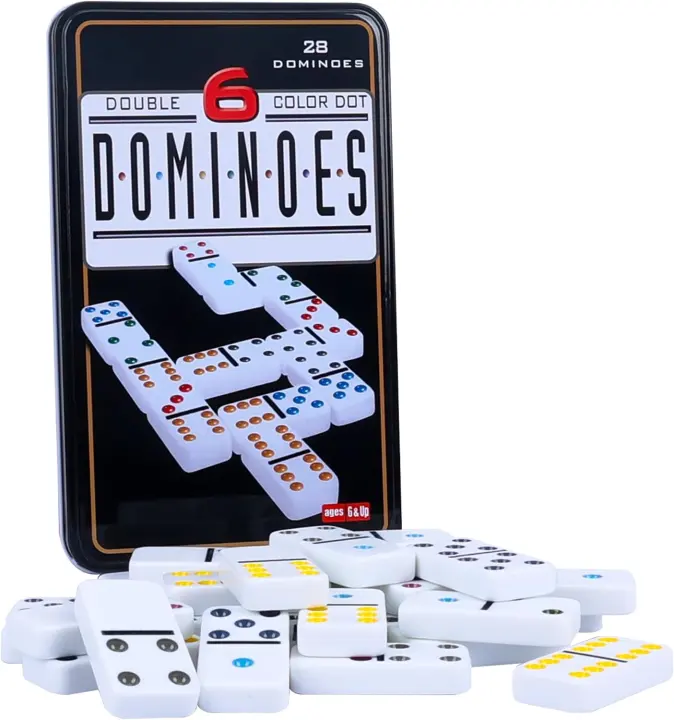 GOTHINK Double Six Dominoes — 28 Color-Dot Tiles with Tin Case