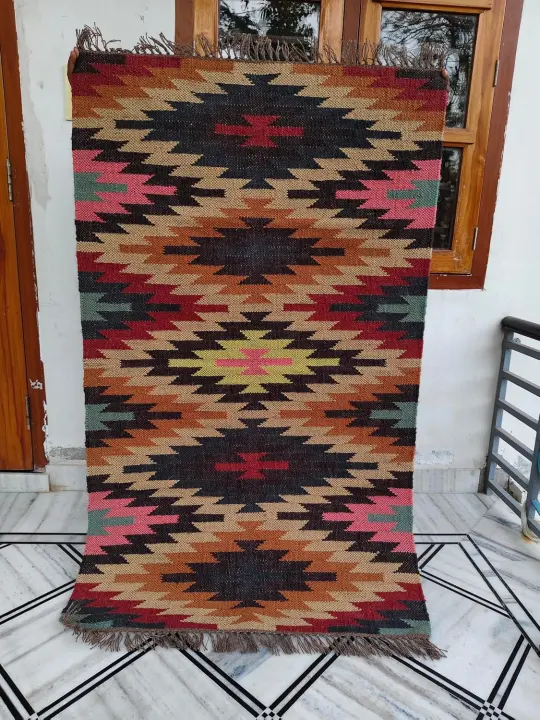 Handwoven 3'x5' Kilim Area Rug — Reversible Wool & Jute Flatweave