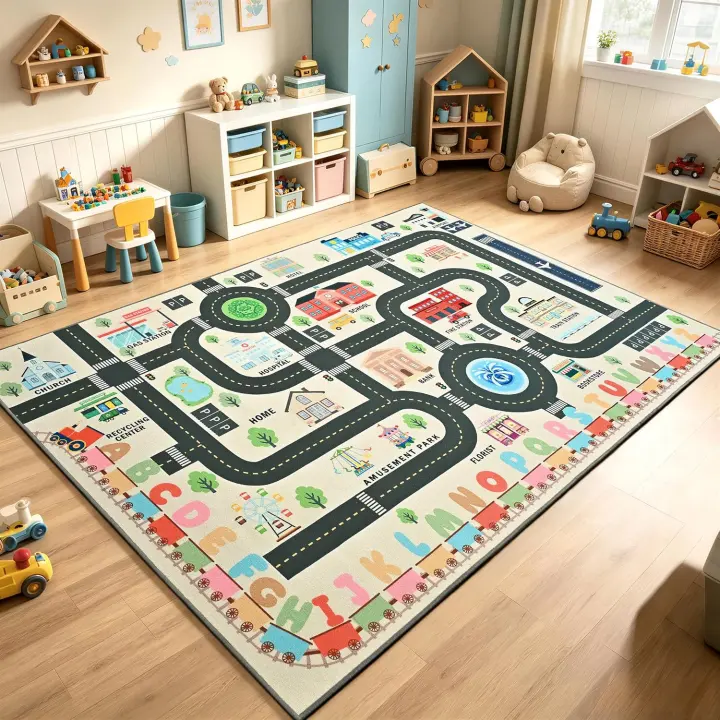 Kids Road Play Rug 4'x6' — Washable Non‑Slip Car Track Playmat