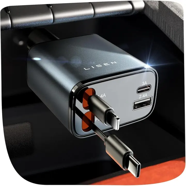 LISEN 4-in-1 Retractable Car Charger — 84W USB-C/A Fast Charger