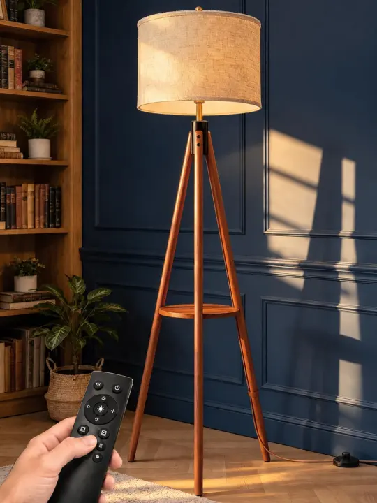 Mid-Century Solid Wood Tripod Floor Lamp with Tray & Remote