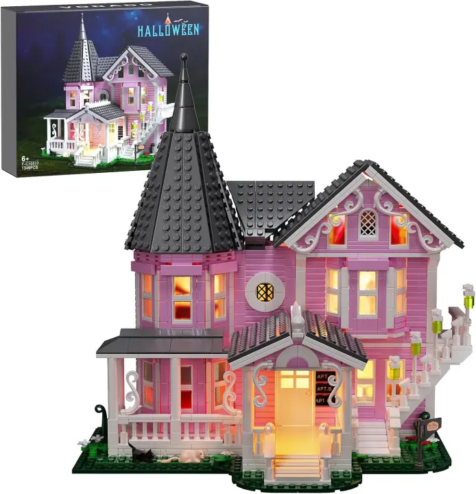 Pink Haunted Palace Building Set with Lights — Modular Block House