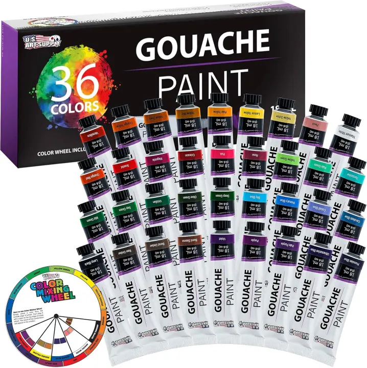 Professional Gouache Paint Set — 36 Colors in 18ml Tubes with Mixing Wheel