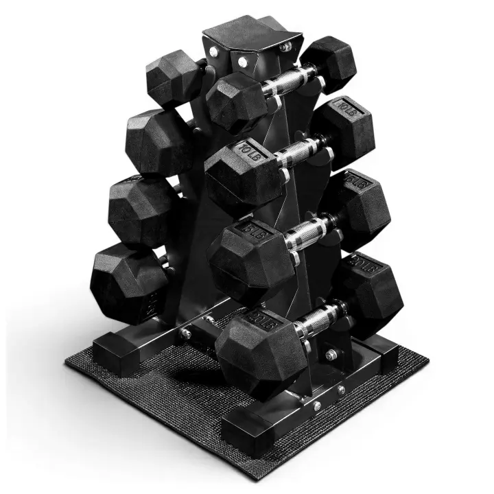 Rubber-Coated Hex Dumbbell Set with A-Frame Rack — 100 lb Set