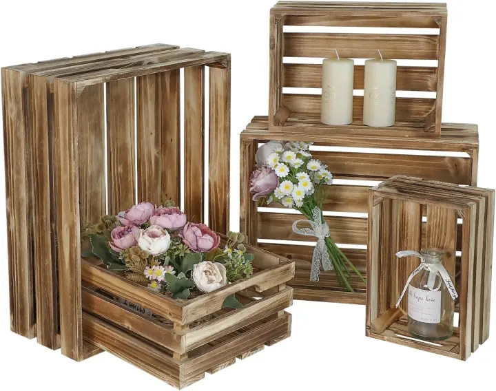 Set of 5 Large Nesting Wooden Crates - Rustic Torched Brown
