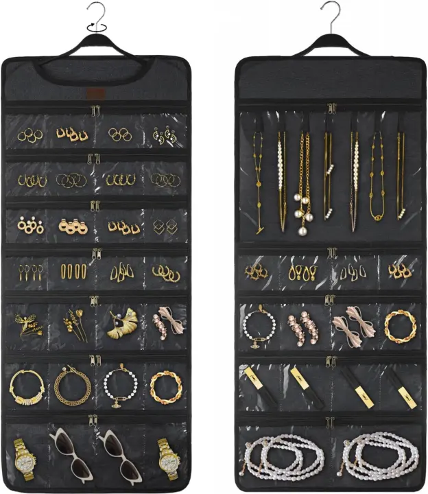 SMRITI Canvas Double-Sided Hanging Jewelry Organizer — Rotating Zippered Hanger