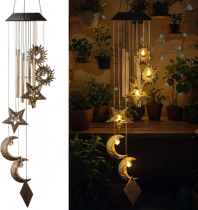 Solar Sun, Moon & Star Outdoor Wind Chime with Warm LED Lights