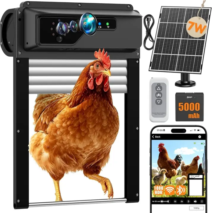 Solar Wi‑Fi Chicken Coop Door with Camera and 5000mAh Battery