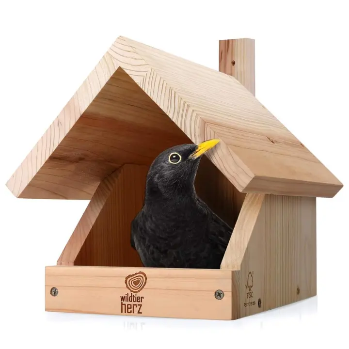 Solid Wood Nest Box for Semi-Cavity Birds — Weatherproof Untreated Shelter