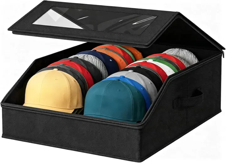 Stackable Baseball Cap Organizer Box with Clear Window — 24-Hat Capacity