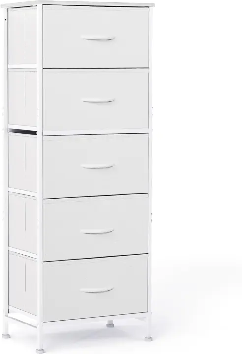 Tall Narrow 5-Drawer Fabric Dresser with Wood Top — Slim Storage Chest