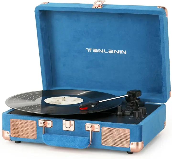 Velvet Suitcase Turntable with Built-In Speakers — Blue Portable Record Player
